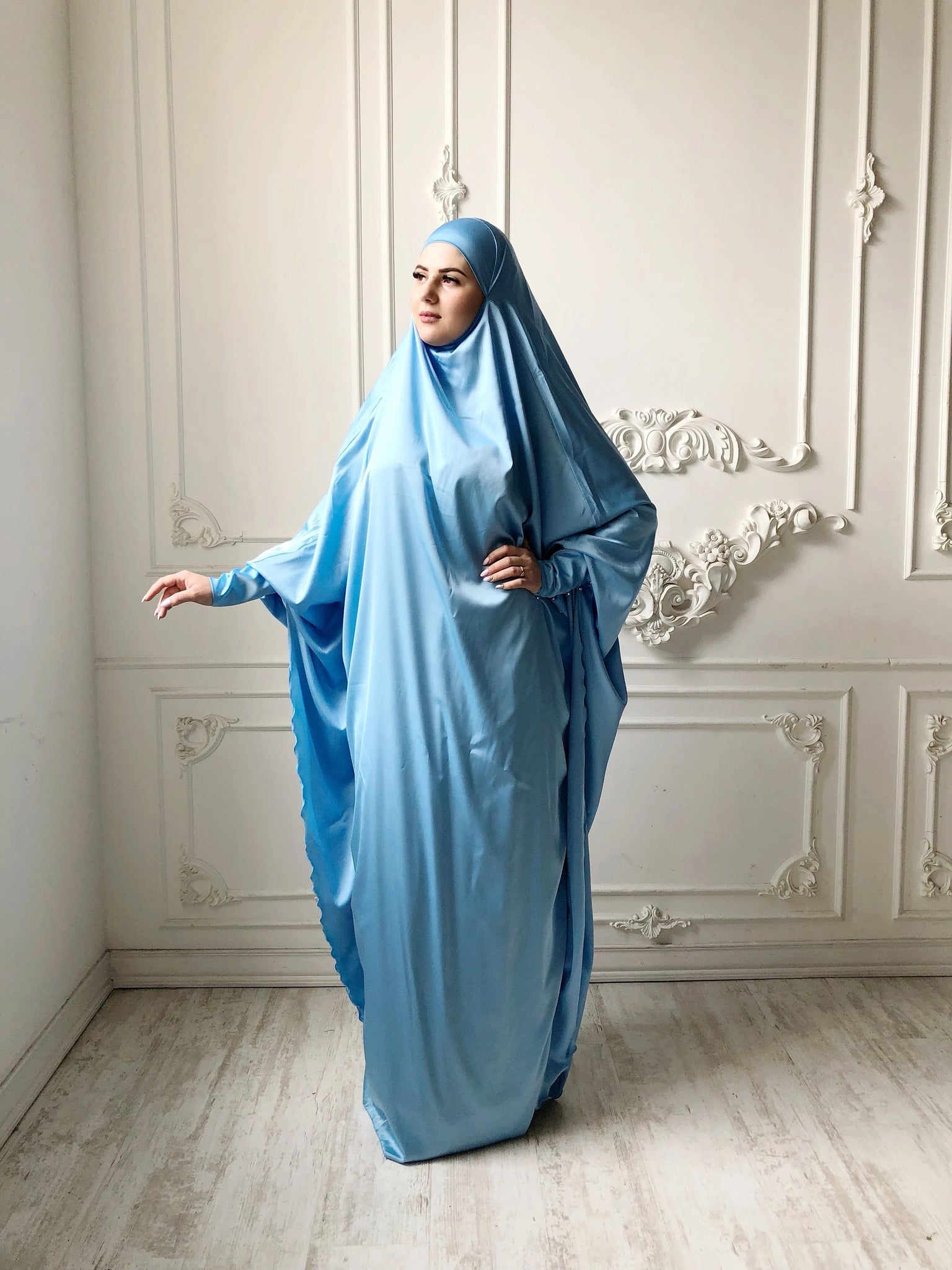 Sky blue Long Silk Khimar, Elegant blue muslim dress, Burqa, Dubai Aba – ScarfTurbanHijab