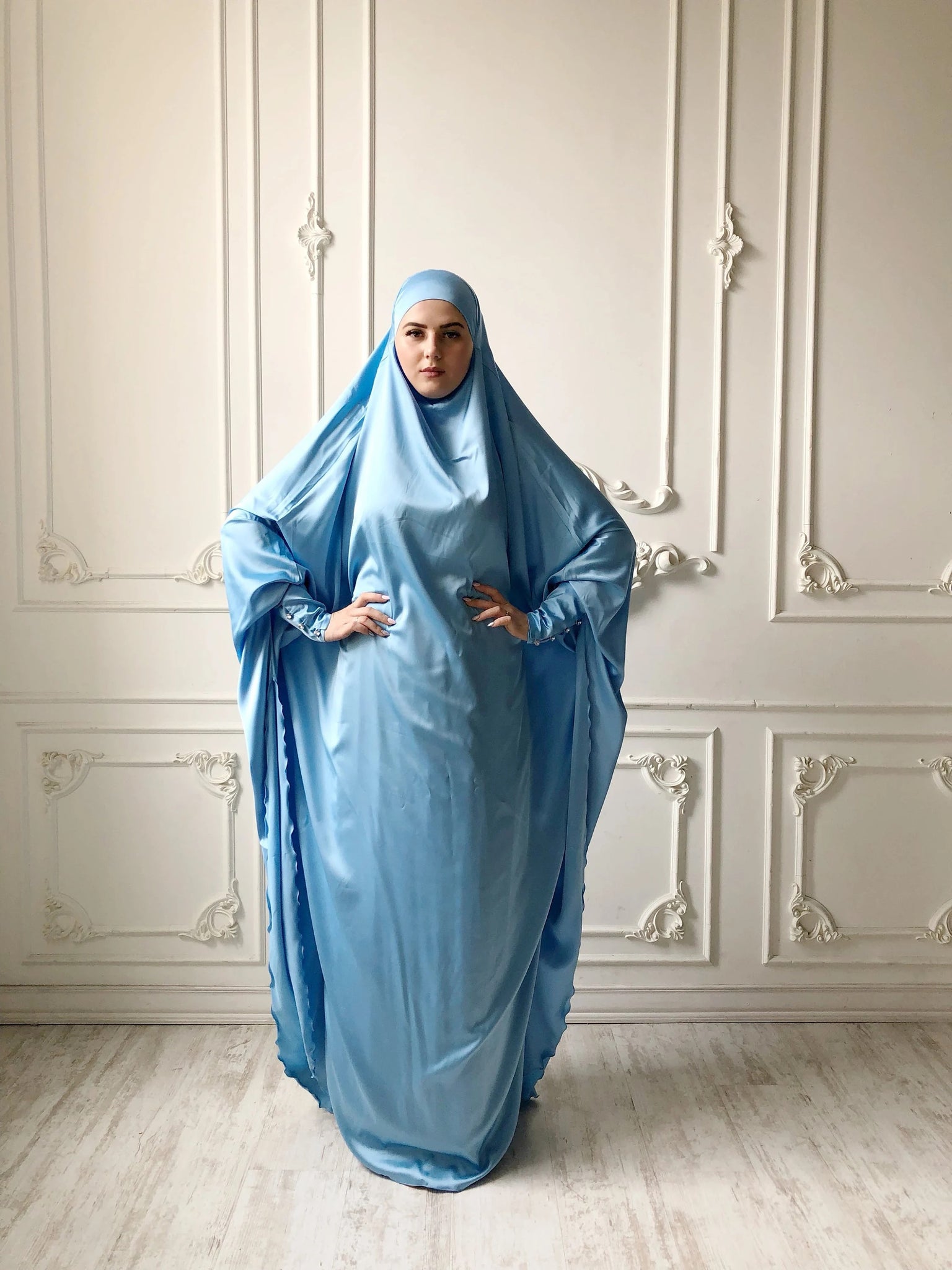 Sky blue Long Silk Khimar, Elegant blue muslim dress, Burqa, Dubai Aba ScarfTurbanHijab Sky blue Long Silk Khimar, Elegant blue muslim dress, Burqa, Dubai Aba ScarfTurbanHijab
