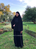 Black Muslim khimar suit, long hijab, black jilbab, not hotter than hell, islamic quote