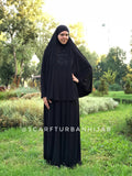 Black Muslim khimar suit, long hijab, black jilbab, not hotter than hell, islamic quote