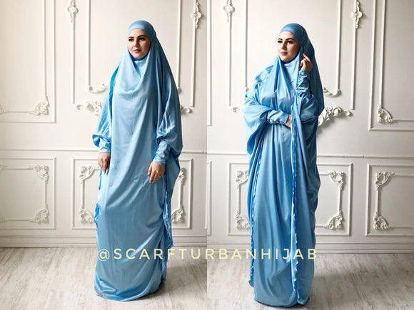 Sky blue Long Silk Khimar, Elegant blue muslim dress, Burqa, Dubai Abaya, traditional jilbab burqa, ready to wear hijab, engagement abaya