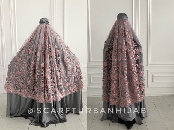 Lace embroidery gray Afghan burqa, silk khimar cape, niqab, full long hijab, chic islamic clothing