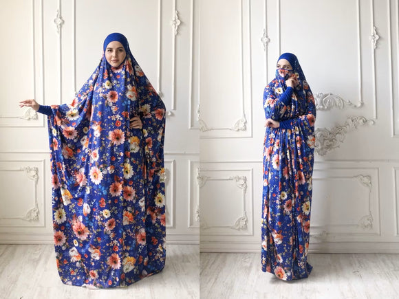 Royal blue floral jersey jilbab , limited additional wonderful Khimar, muslim dress, rose Burqa,Dubai Abaya, Nikah long hijab, Islamic burqa