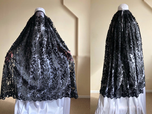Lace embroidery black and white Afghan burqa, silk khimar cape, niqab, full long hijab, chic islamic clothing