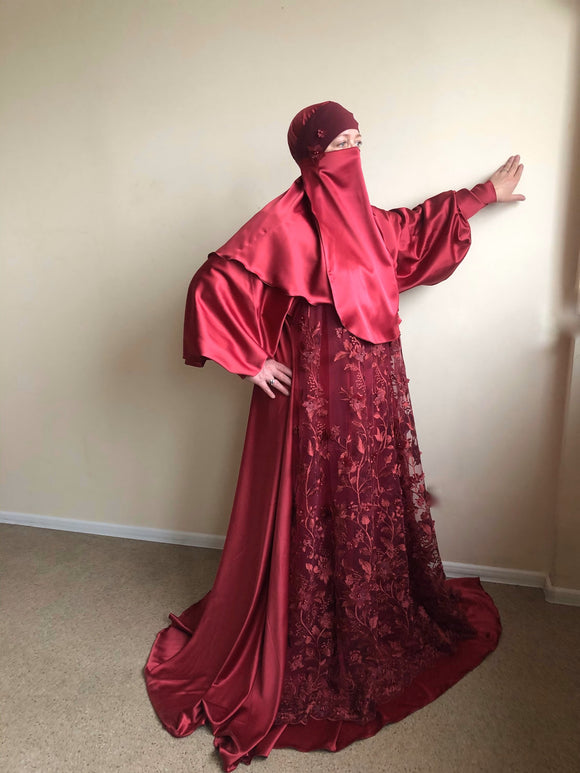 Burgundy silk satin maxi dress with long sleeves, Muslim dress , nikkah wedding outfit, elegant hijab