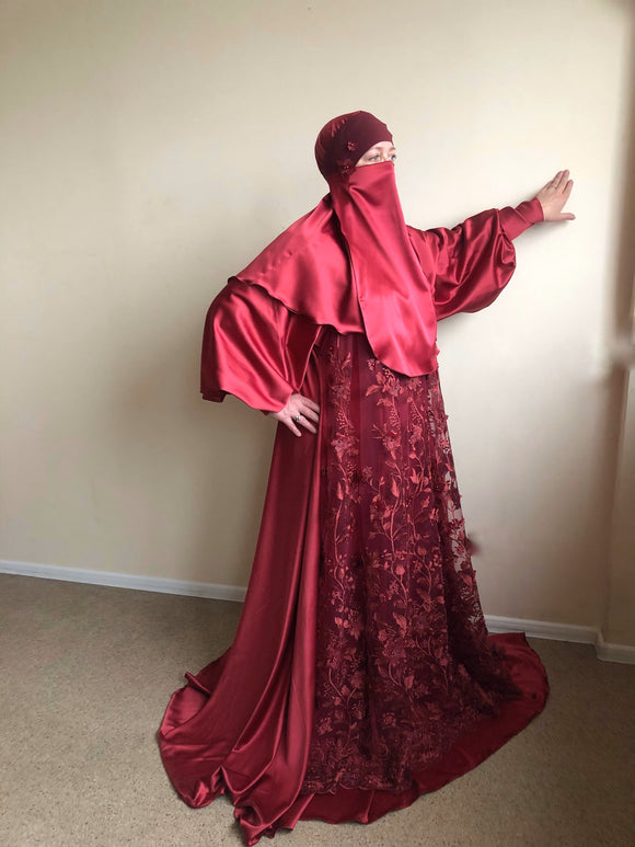 Burgundy silk satin maxi dress with long sleeves, Muslim dress , nikka ScarfTurbanHijab Burgundy silk satin maxi dress with long sleeves, Muslim dress , nikka ScarfTurbanHijab