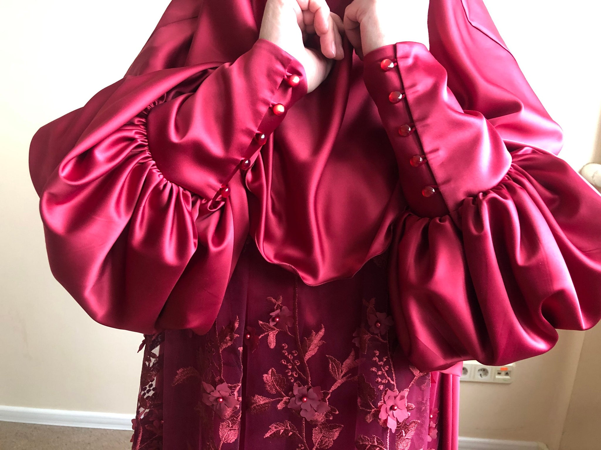 Burgundy silk satin maxi dress with long sleeves, Muslim dress , nikka   ScarfTurbanHijab