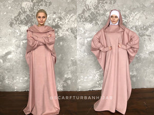 Blush pink wool fee size maxi dress with hood, Wiccan mantle dress, plus size evening clothing, wedding elegant dress, Muslim abaya