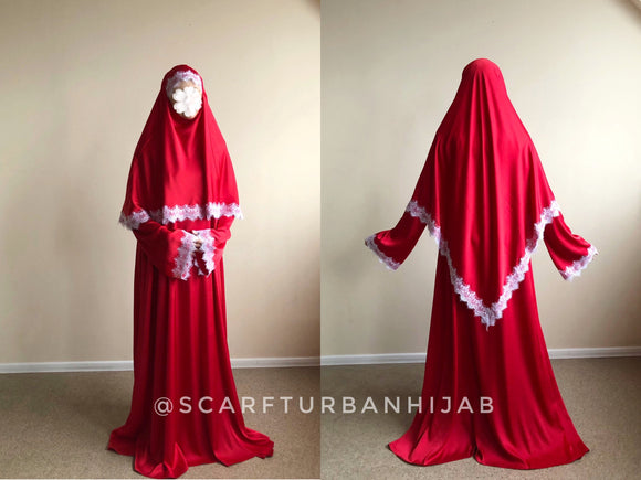 Red and white silk elegant dress, lace abaya, stylish hijab, modesty clothing, nikkah outfit, Muslim wedding