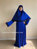 Royal blue silk elegant dress, lace abaya, stylish hijab, modesty clothing