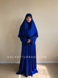 Royal blue silk elegant dress, lace abaya, stylish hijab, modesty clothing