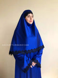 Royal blue silk elegant dress, lace abaya, stylish hijab, modesty clothing