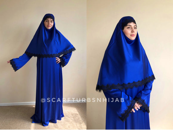 Royal blue silk elegant dress, lace abaya, stylish hijab, modesty clothing