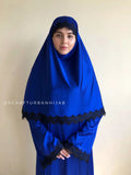 Royal blue silk elegant dress, lace abaya, stylish hijab, modesty clothing