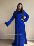 Royal blue silk elegant dress, lace abaya, stylish hijab, modesty clothing