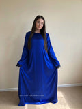 Royal blue silk elegant dress, lace abaya, stylish hijab, modesty clothing