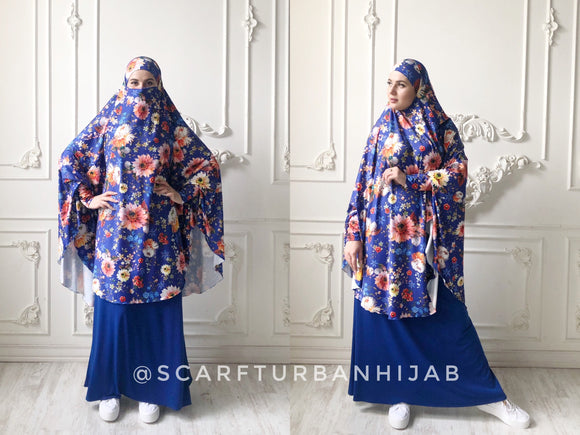 Transformer  royal blue floral Khimar, long jilbab hijab nikab, islamic wear, ready to wear hijab, prayer scarf, muslim burqa, namaz