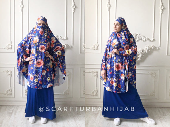 Transformer royal blue floral Khimar, long jilbab hijab nikab, islamic wear, ready to wear hijab, prayer scarf, muslim burqa, namaz