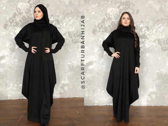 Black Winter wool dress, comfortable hijab, plus size costume, islamic clothing, engagement clothing, elegant bohemian modesty