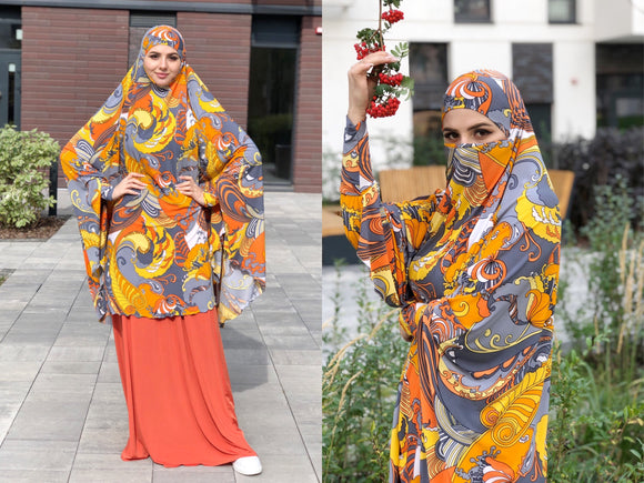 Transformer Khimar obstruct print, long jilbab hijab, floral nikab, islamic wear, ready to wear hijab, prayer scarf, muuslim burqa, namaz