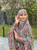 Gray summer khimar with  floral print, Elegant stylish jilbab