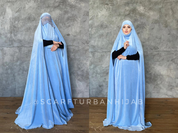Warm blue Afghan burqa, plush velour khimar cape, niqab, full long hijab jilbab