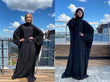 Black free size crepe maxi dress with hood, Wiccan mantle, plus size boho clothing, rustic dress, Muslim abaya, Hajji clothing