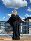 Black free size crepe maxi dress with hood, Wiccan mantle, plus size boho clothing, rustic dress, Muslim abaya, Hajji clothing