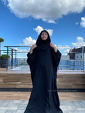 Black free size crepe maxi dress with hood, Wiccan mantle, plus size boho clothing, rustic dress, Muslim abaya, Hajji clothing