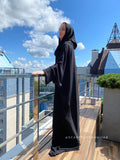 Black free size crepe maxi dress with hood, Wiccan mantle, plus size boho clothing, rustic dress, Muslim abaya, Hajji clothing