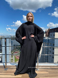 Black free size crepe maxi dress with hood, Wiccan mantle, plus size boho clothing, rustic dress, Muslim abaya, Hajji clothing