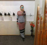 Long Sleeve Knitted Suit, Tunic Skirt Suit Mixed Color, Maxi Skirt, Free Size, Plus Size, Boho, Hijab, Muslim Clothing