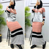 Long Sleeve Knitted Suit, Tunic Skirt Suit Mixed Color, Maxi Skirt, Free Size, Plus Size, Boho, Hijab, Muslim Clothing