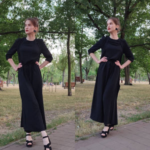 Black summer combo suit, trouser suit with cardigan, crepe-chiffon, boho style, Little transparent