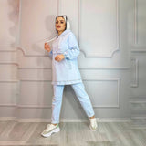 Stylish light blue denim suit, hoodie and trousers, sport hijab, Muslim jeans clothing