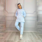 Stylish light blue denim suit, hoodie and trousers, sport hijab, Muslim jeans clothing