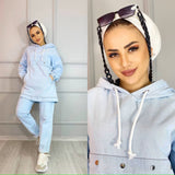 Stylish light blue denim suit, hoodie and trousers, sport hijab, Muslim jeans clothing