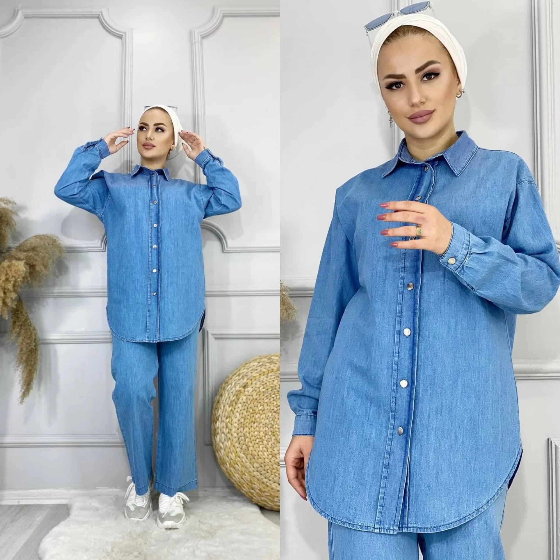 Summer Lightweight Suit Stylish Blue Denim Suit Shirt and Pants Sport ScarfTurbanHijab