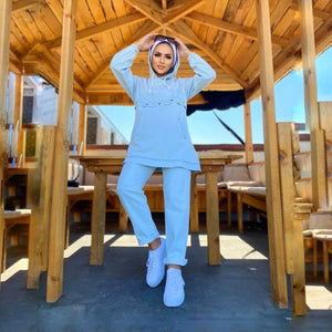 Stylish light blue denim suit, hoodie and trousers, sport hijab, Muslim jeans clothing