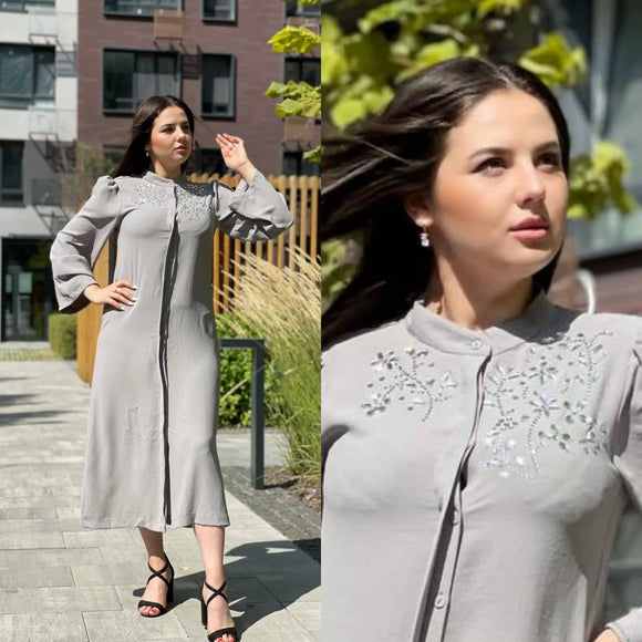 Long gray Dress with stone decorations ation