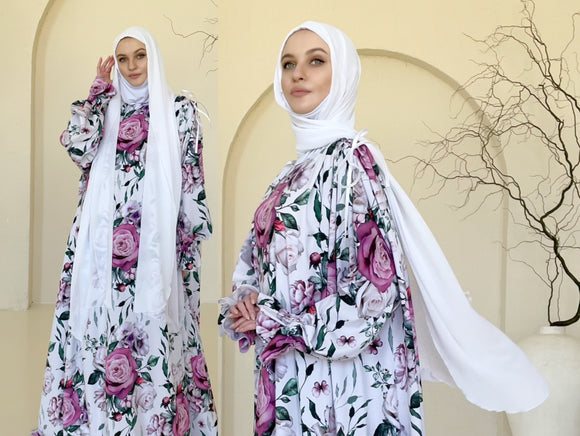 White ready to wear chiffon hijab with attached viscose jersey underscarf