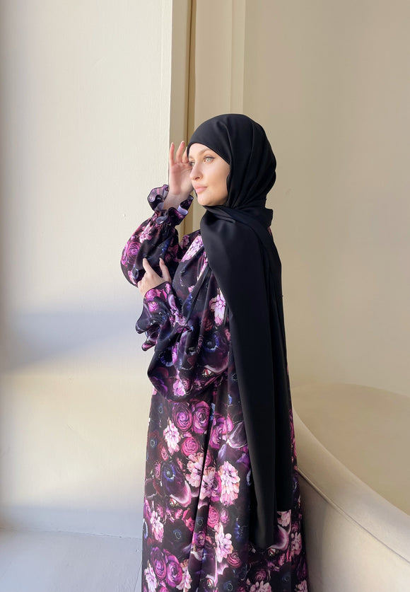 Black ready to wear chiffon hijab with attached viscose jersey underscarf