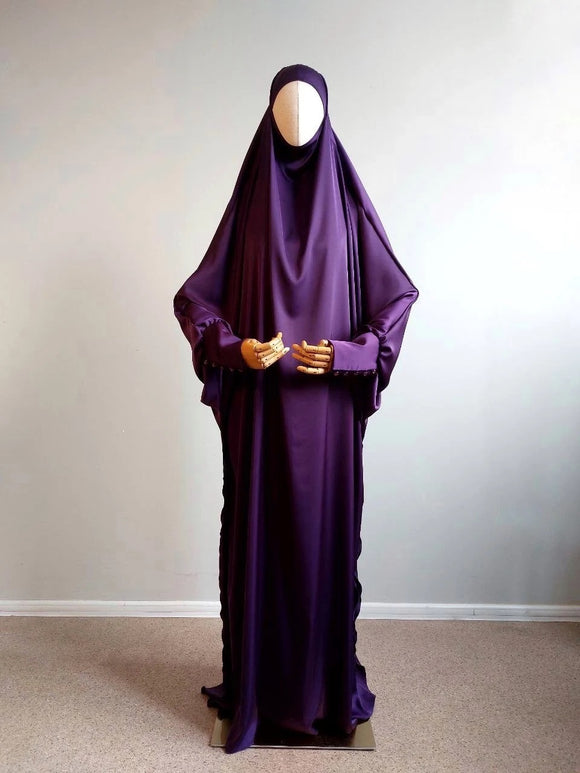 Elegant long Long Silk Khimar purple color , stylish muslim dress