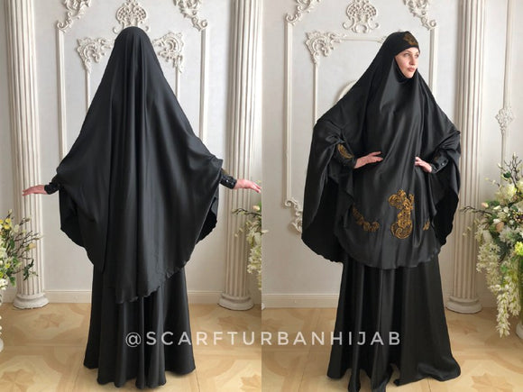 Elegant Black Muslim jilbab suit with lace decoration