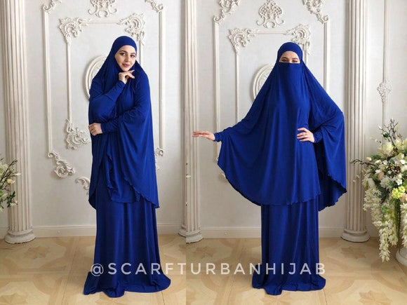 Electric blue Khimar niqab transformer, elegant  royal blue traditional hijab, ready to wear long hijab with skirt, muslim dress
