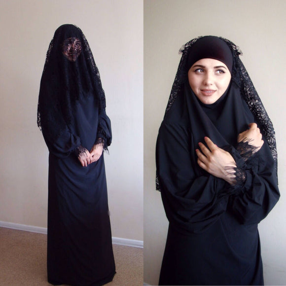 Black Khimar Maxi dress with Lace  veil