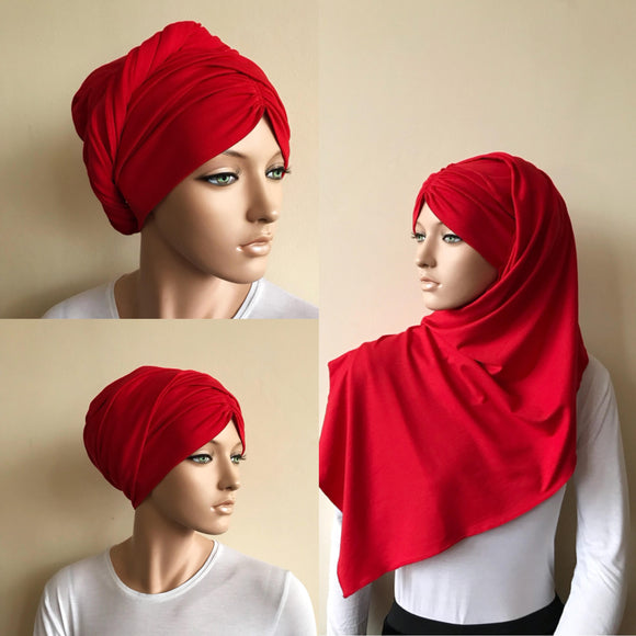 3 in one red hijab, jersey volume ready turban