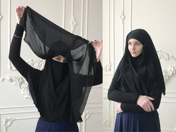 Black hijab transformer to niqab with veil