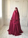 Elegant burgundy jilbab suit with lace decoratoin