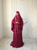 Elegant burgundy jilbab suit with lace decoratoin